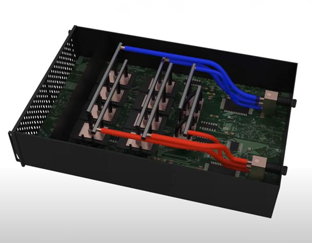 Boyd server liquid-cooling layout — manufacturer design rendering; illustrative assembly context.