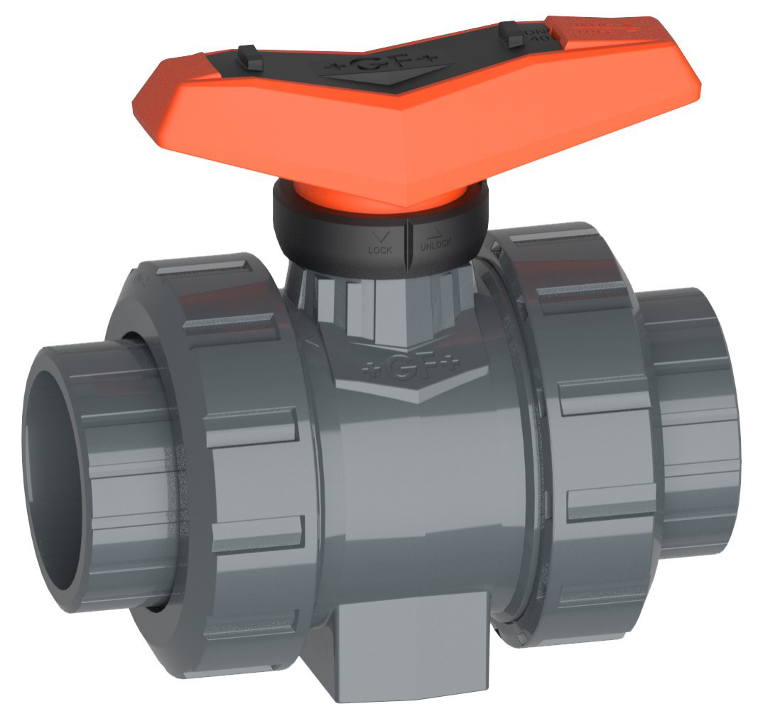 GF Type 546 Pro manual double-union ball valve — thermoplastic series reference; not the Watts W1000 configuration. Material and connections must match the selected order code.