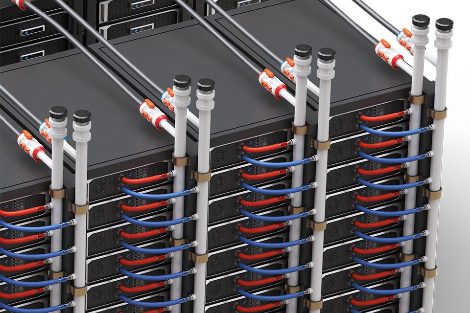 GF PVDF in-rack manifold installation — manufacturer rendering of paired distribution pipes and branch connections; layout is configuration-specific.