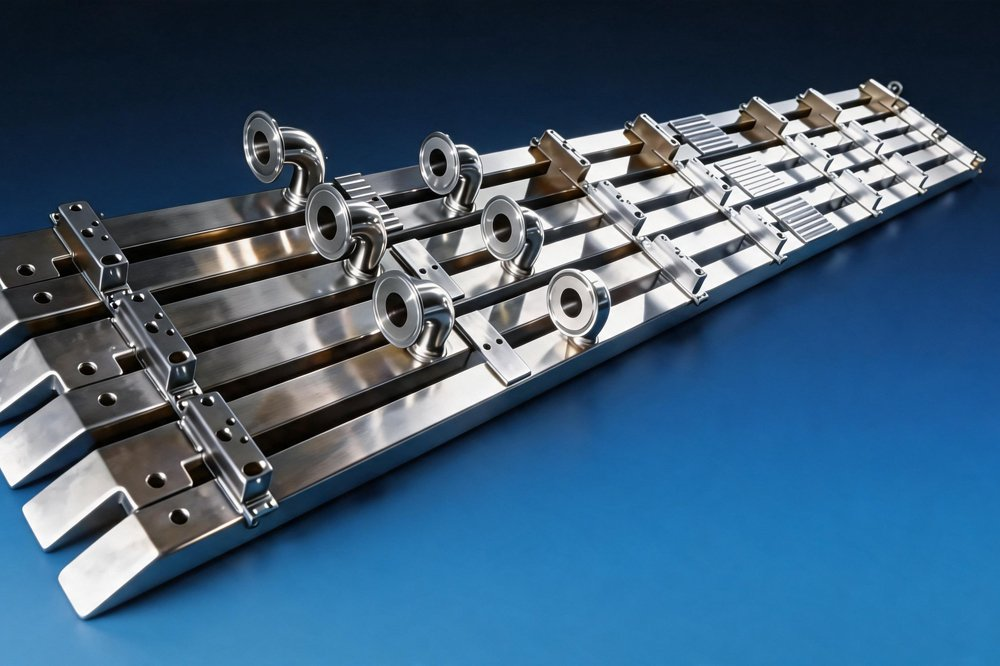 Xindaaitech manifold assembly example — workshop-style product photograph showing multiple distribution tubes and support brackets; not a standard port-count or dimension guarantee.