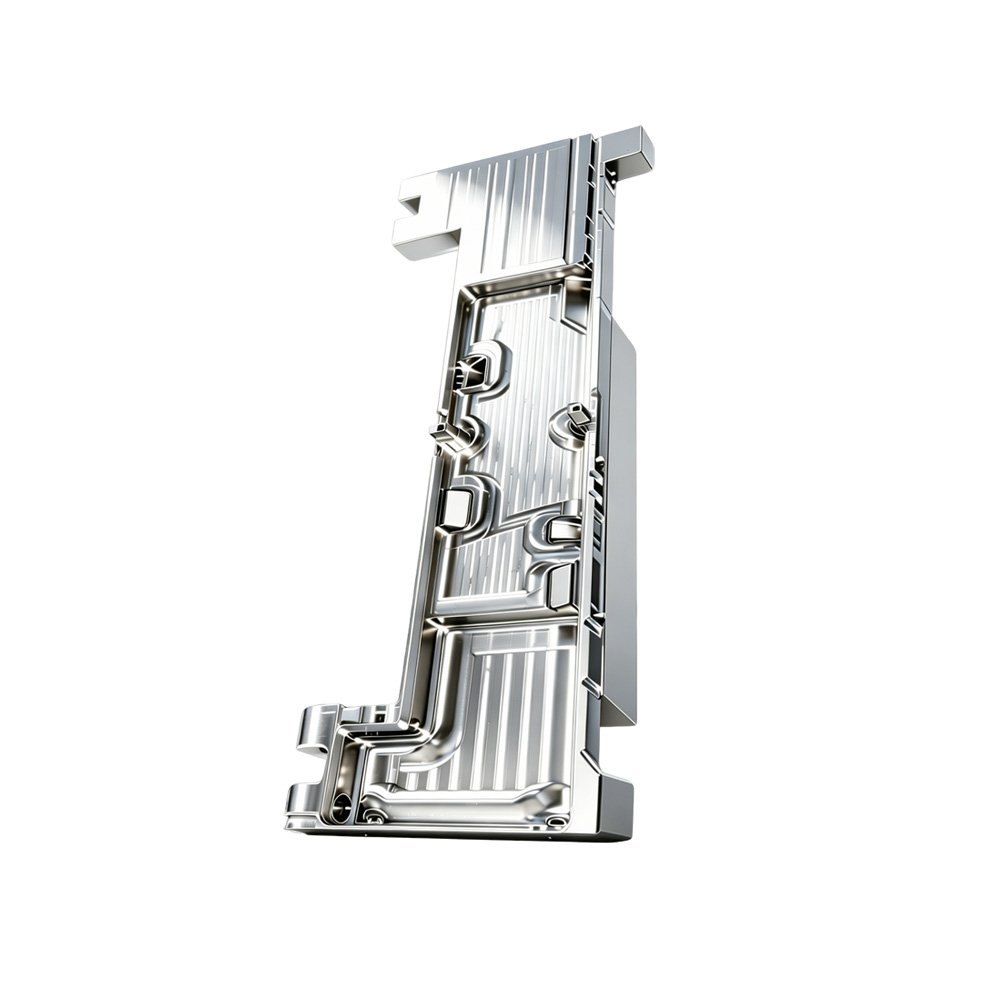 Xindaaitech cold-plate assembly example — isolated-background product view with formed tubing and mounting features; drawing-defined reference configuration.