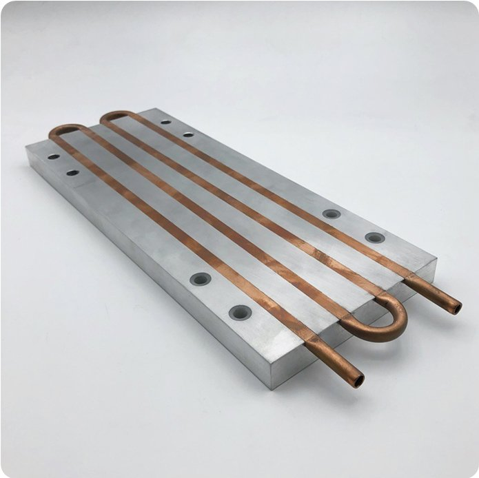 Xindaaitech tube-in-plate cold-plate example — visible serpentine tubing and mounting holes; image reference only, not Boyd Hi-Contact specification evidence.