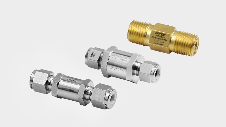 FITOK CV / CH / CO family reference — different check-valve bodies and end connections; not interchangeable configurations.