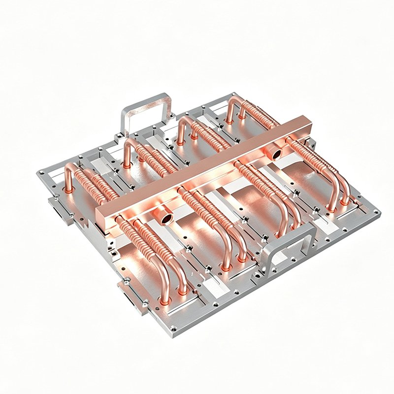 Xinda integrated cold-plate, copper-tube and manifold circuit — same-page 800 × 800 product rendering.