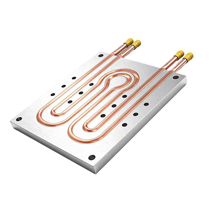 Xinda press-fit copper-tube aluminum cold plate — same-page 800 × 800 rendering of tube route and mounting plate.