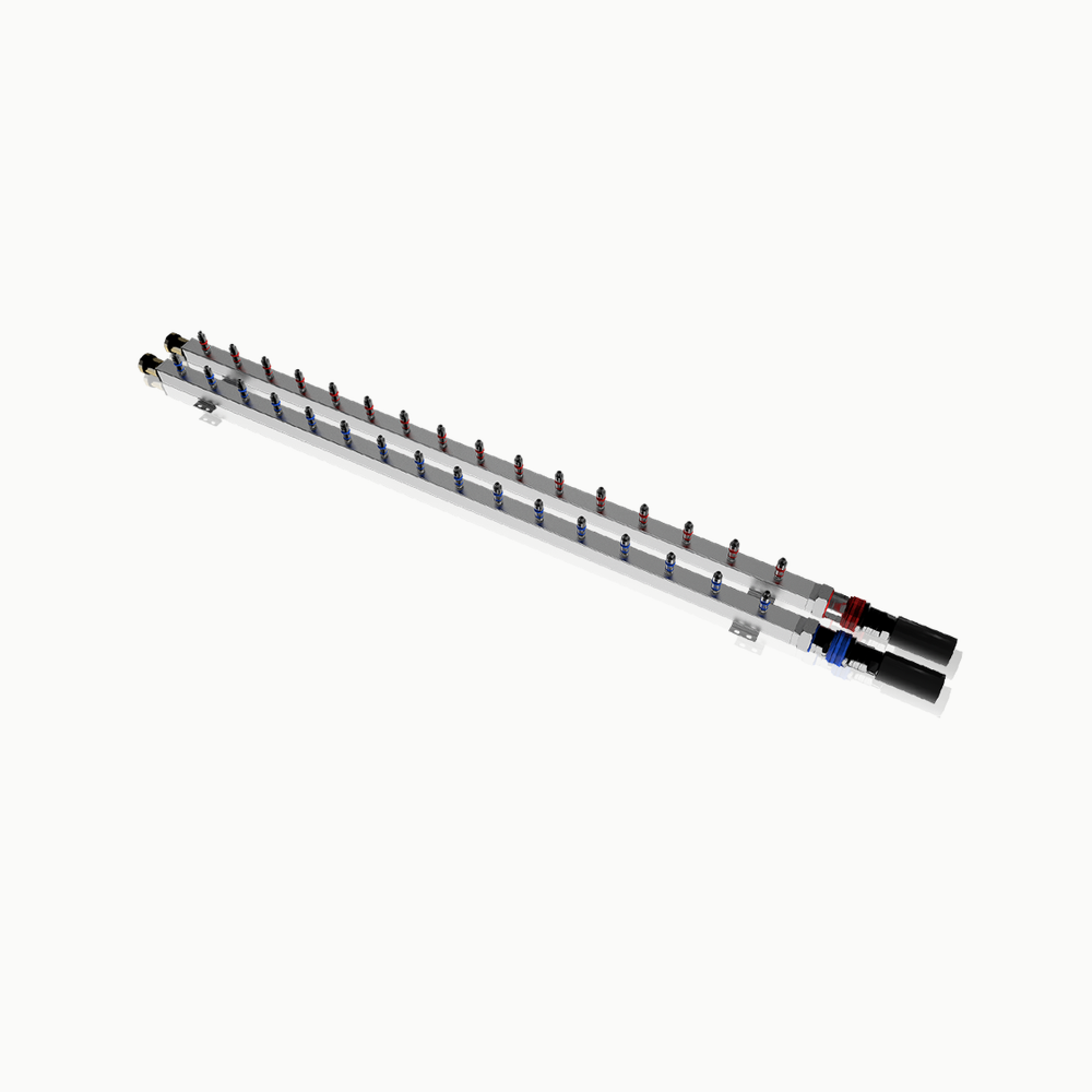 Haiwu paired double-row multi-plug rack manifold — manufacturer product rendering; exact connector and dimensions are project-specific.