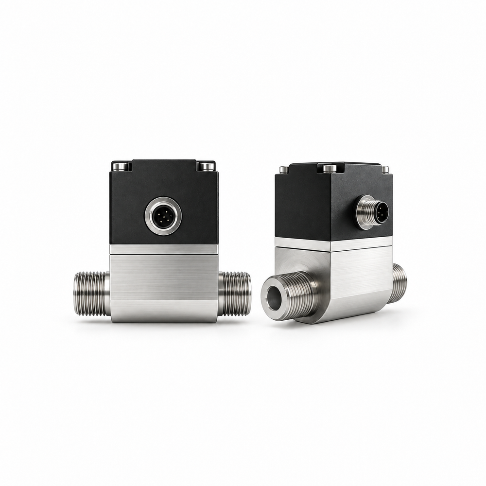 VOLKE FJP liquid-cooling sensor — supplier front and angled product illustrations with fluid ports and electrical connector; shown configuration only.