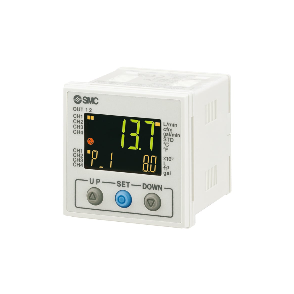 SMC PFG200 four-channel flow monitor, standalone manufacturer catalogue photograph.