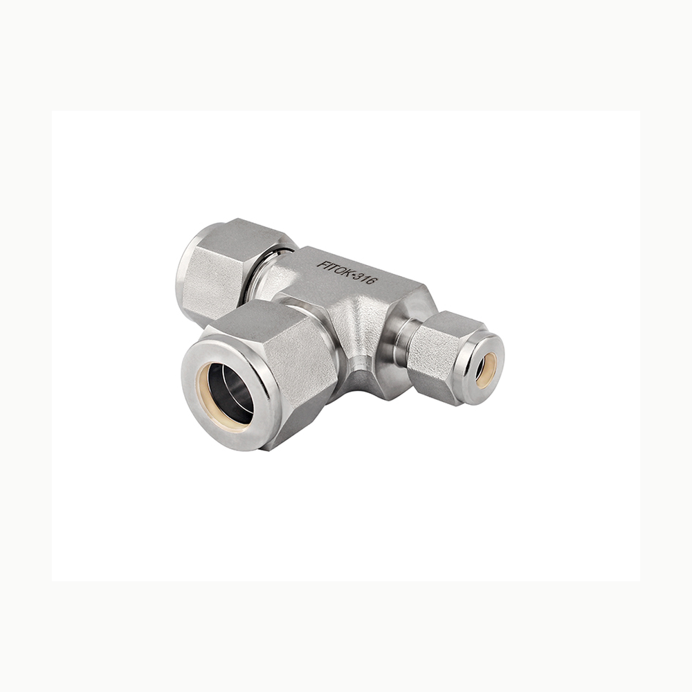FITOK SS-TTT-FL8-FL4-FL8 reducing twin-ferrule tee, official same-page product image.