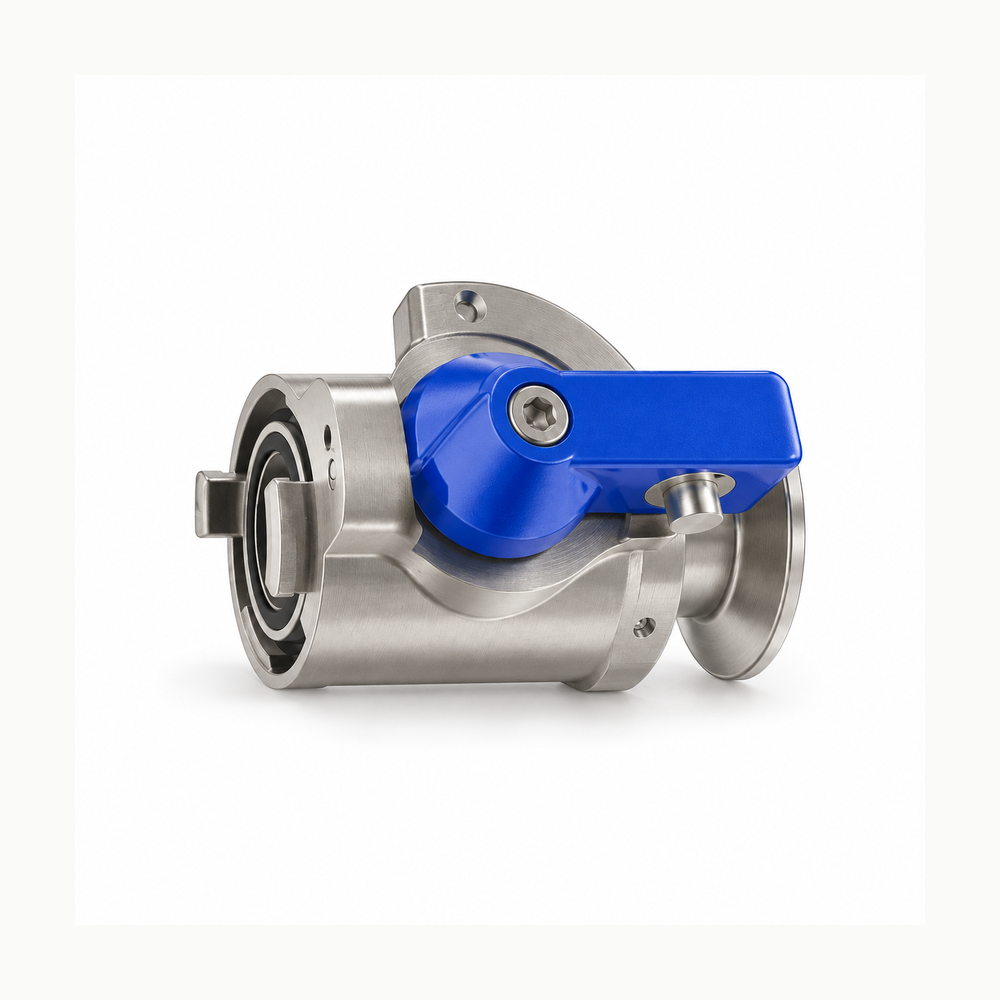 BEEHE FND blue-handle sanitary-clamp valve-half variant, manufacturer rendering.