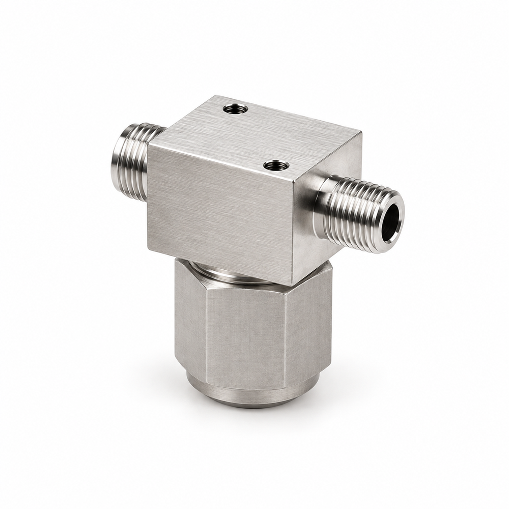 FITOK FT tee filter — removable lower bowl and marked flow direction; exact element selection is separate from the pictured body.