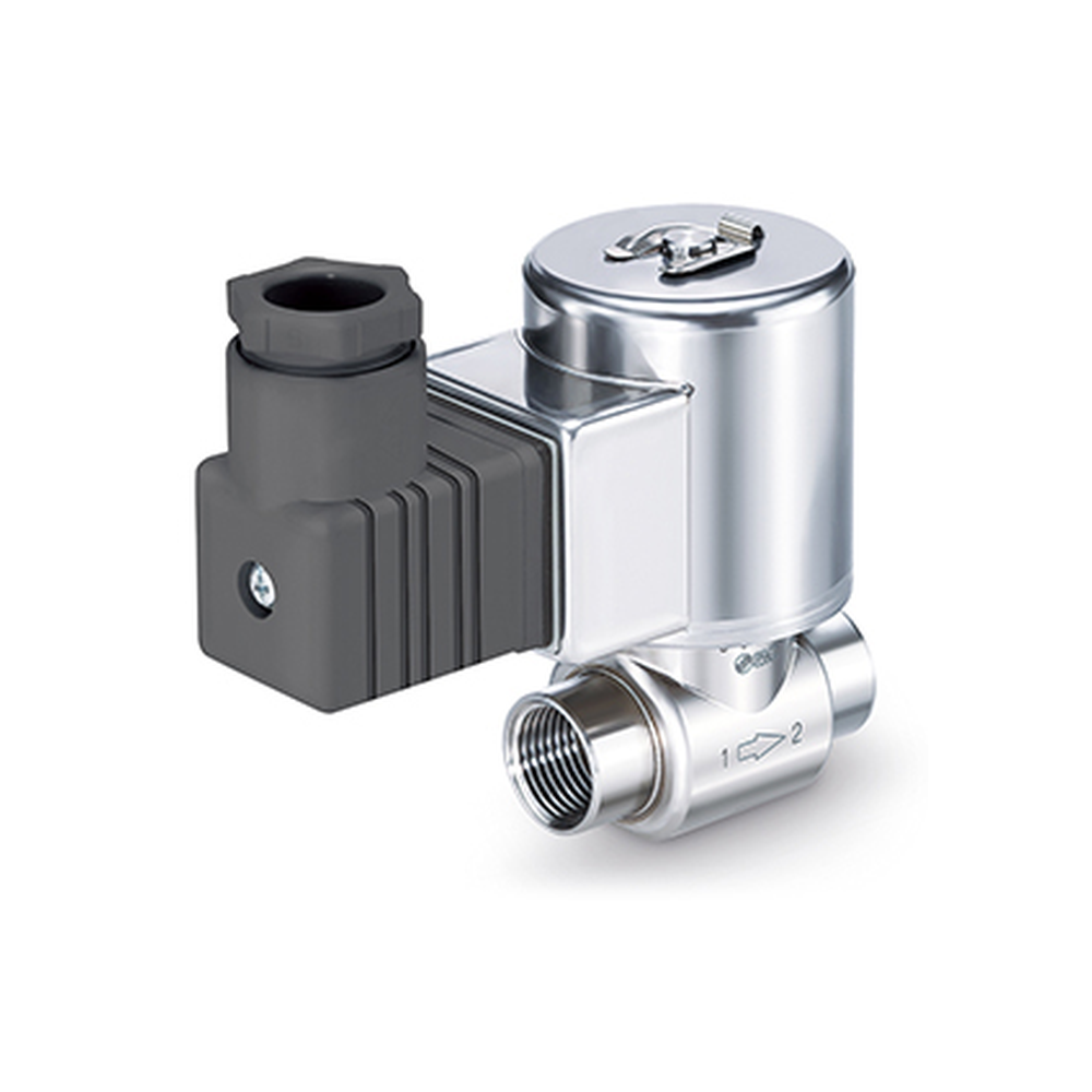 SMC JSX direct-operated two-port solenoid valve series, complete official product photograph with DIN electrical connector option.