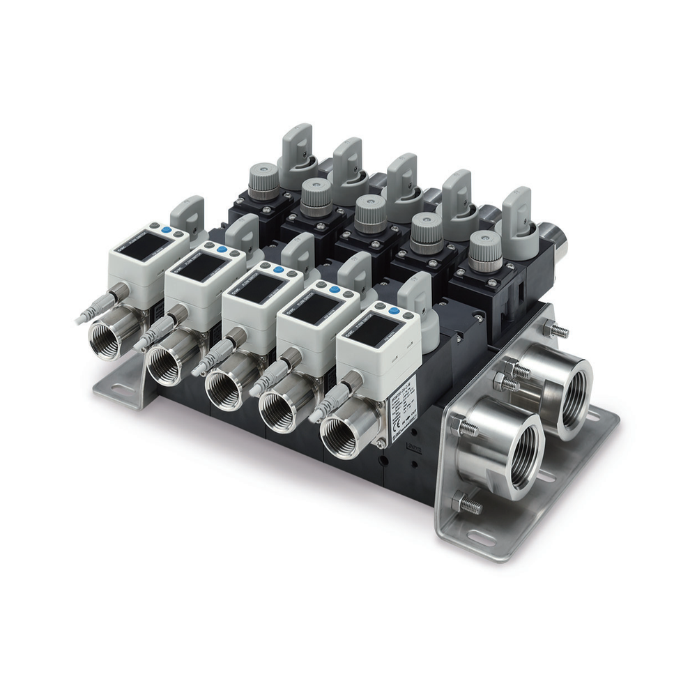 SMC PF3WB integrated basic-type water flow-switch manifold, manufacturer catalogue photograph.