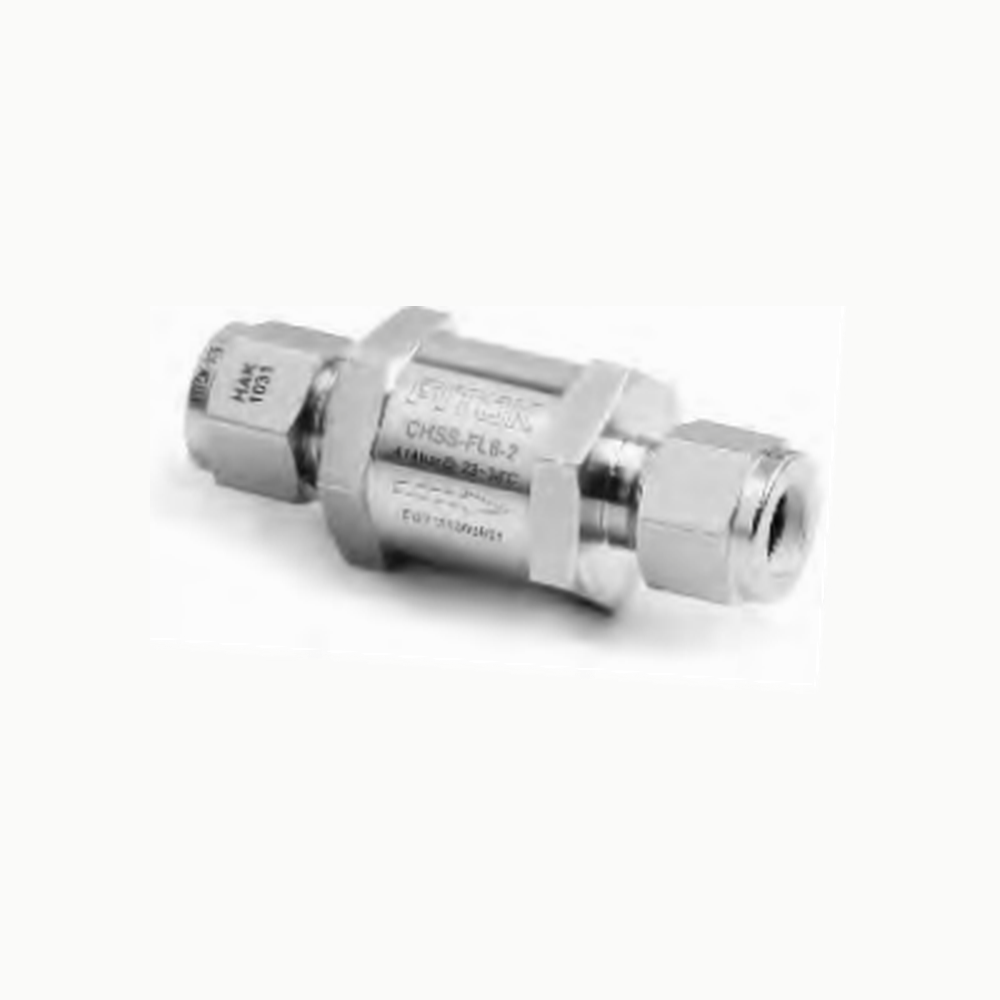 FITOK CH check-valve catalog example — compact hex body and tube-fitting ends; low-resolution reference, retain model-specific selection.
