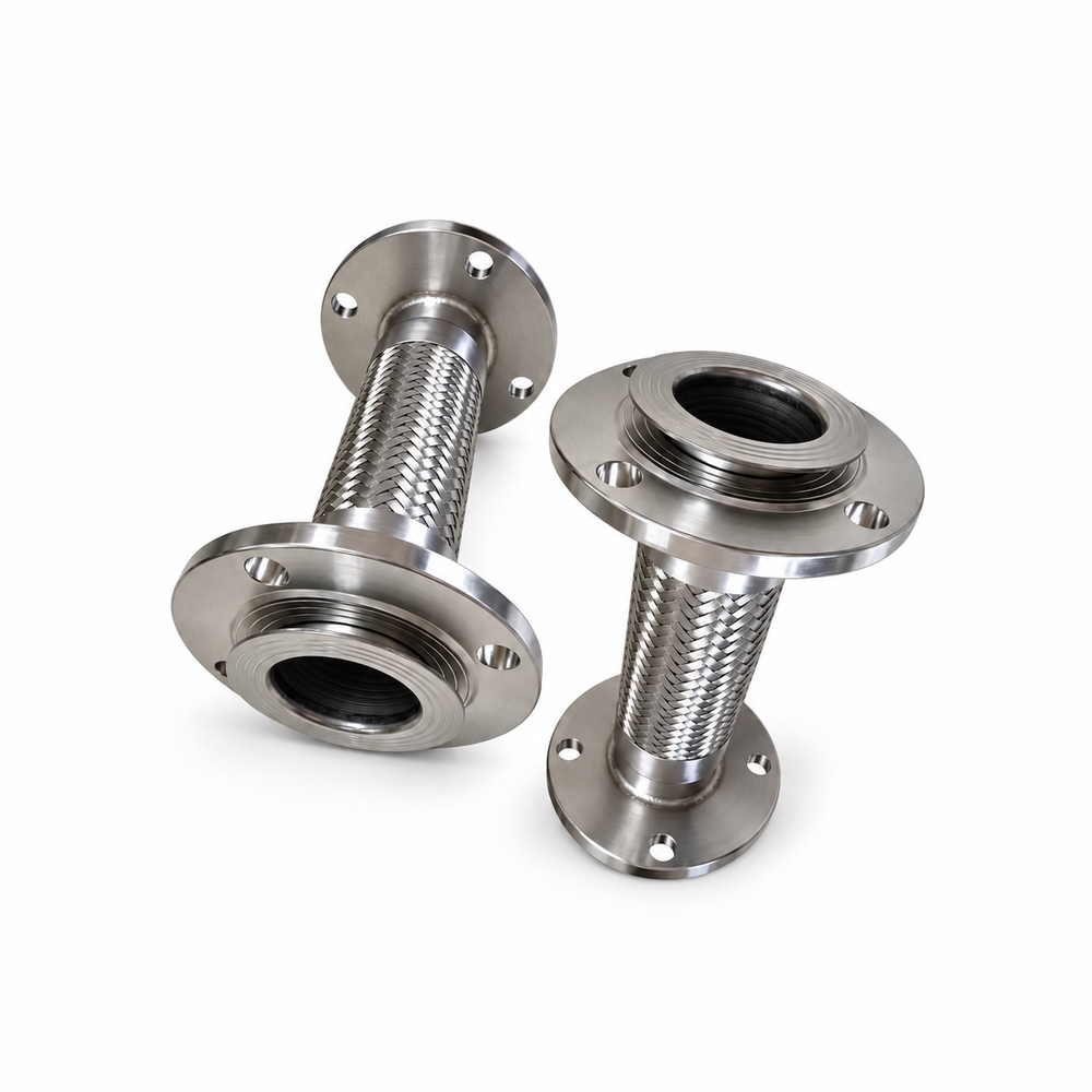 AODSON flanged braided flexible stainless metal hose assembly, white-background reference photograph.