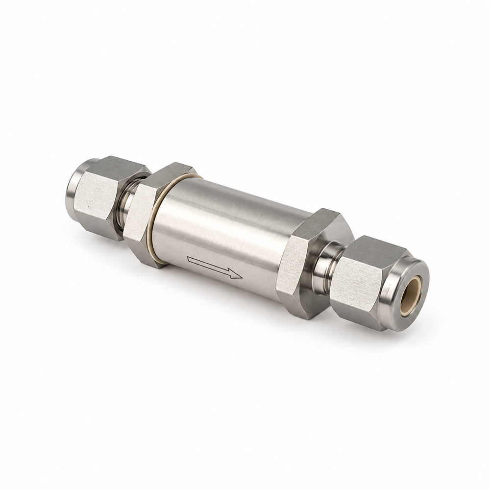 FITOK FI inline filter reference — tube-fitting ends and flow-direction marking; filter rating must match the specific order code.