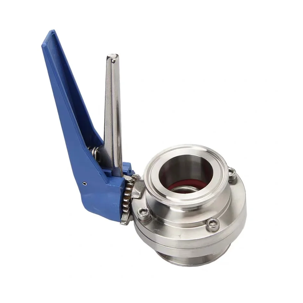 AODSON manual clamp-end butterfly valve with blue lever, original product photograph.