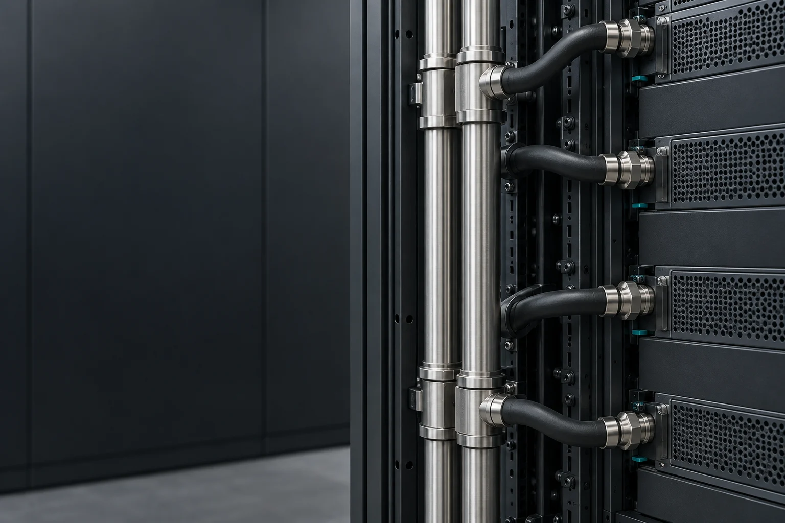Rack-side liquid cooling connections — illustrative concept